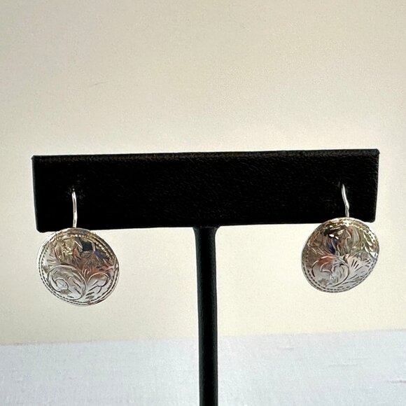Sterling Silver Engraved Disc Earrings With Leaf Design 1" Drop Pierced Ears - Picture 1 of 9